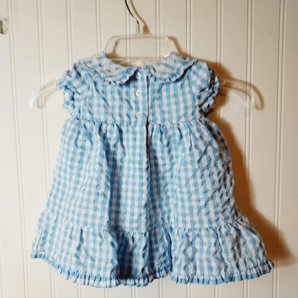 Tahari Gingham Dress Kids 3-6M Blue Smocked Peter Pan Collar Floral Embroidered